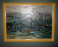 Bizse János (1920-1981) "Pécsváradi Nyárfák" című képcsarnokos szignózott olajfestménye, 80X61 cm.