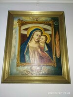 Madonna gyermekkel nagy kép, olaj festmény széles aranyszínű keretben