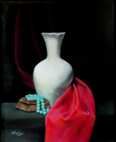Csendélet fehér vázával - olajfestmény - 50 x 40 cm