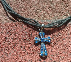 Blue studded cross necklace with leather strap