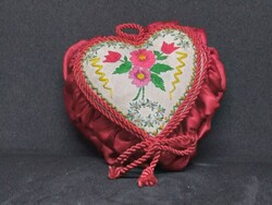 Folk art nouveau textile heart, jewelry box with embroidered flower pattern
