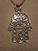 Régi, nagyméretű, magyar fémjeles "Fatima keze" - ezüst medál, ezüst láncon