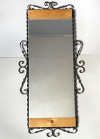 Black wrought iron retro wall mirror with wood decoration 92 x 44 cm