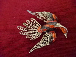 Gold-plated brooch, bird shape, red feather, size: 7x6 cm. Jokai.