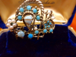 Filigree brooch beautiful flawless - with turquoise colored stones and pearls