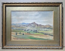 Brenner László panoráma akvarellje 1930-ból, hibátlan kerettel. Tájkép hegyekkel