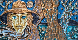 The wanderer - applied art, painted copper relief, relief mural