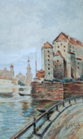 Riverside cityscape - old watercolor with sub-pair h mark