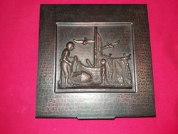 Old serious copper craftsman with gift box with old fisherman and sea relief 22 x 22 x 5 cm