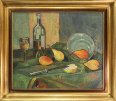 Signed Agnes - still life with pears and wine bottle (1942)