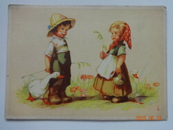 Régi grafikus üdvözlő képeslap, postatiszta - kislány és kisfiú libával