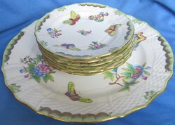 Herendi Viktória mintás  6 sz. süteményes porcelán készlet, jelzett a masszában  is, 15.8, 28 cm.
