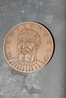 Kiss Kovács Gyula: Michelangelo - jelzett bronzplakett, 6 cm, Állami Pénzverő