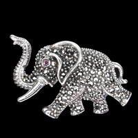 Genuine ruby and marcasite 925 silver lucky elephant brooch pin