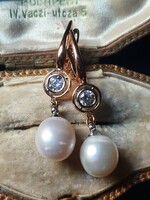 Gold-plated art deco button earrings with pearls and zircons