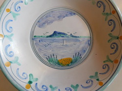 Haban-style lead-glazed bowl with a Balaton landscape and a sail - 24 cm