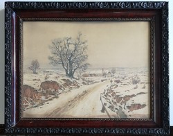 Holló alajos (1876-1963): winter landscape with old oak. Marked, large-scale painting!