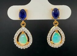 • Csodás  etióp nemes opál / zafír drágaköves  925  sterling ezüst  füli, 14k aranyozva- új