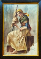 Ihrig Sarolta (1858 -? ) Fonó Leány c. antik festménye Eredeti Garanciával