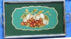 Old serving tray with glass insert in a metal frame, 34 x 19.5 Cm