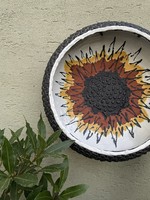 Marked sunflower Hungarian retro rustic ceramic bowl, industrial artist wall decoration