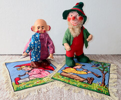 Antik retró cintányéros bohóc játék figura nemez filc szalma papírmasé manó törpe baba gobelin kép