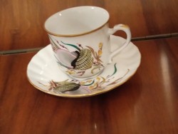 Hand-painted cup and saucer, shell pattern with decor, porcelain lip