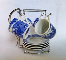 AML porcelán mokkakészlet fém állvánnyal – Blue Willow stílus, 9 részes, dobozában