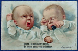 Antik dombornyomott  litho üdvözlő képeslap cumisüveggel babák