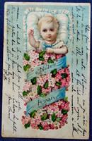 Antik dombornyomott  litho üdvözlő képeslap baba virág pólyában