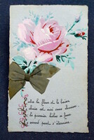 Antik kézzel festett üdvözlő képeslap selyem szalaggal