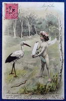 Antique a&m b greeting litho postcard putto and stork