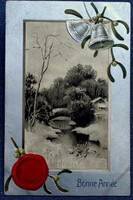Antique embossed New Year greeting card winter landscape in silver frame with bells seal