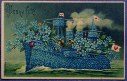 Antik dombornyomott üdvözlő képeslap nefelejcs virág hajó szív zászlókkal