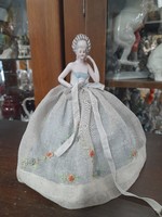 1900. Early years German, Germany, tea doll original hand-painted, marked lady in embroidered dress. 17 Cm.
