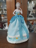 Early 1900s, German, Germany, tea doll, original hand-painted, embroidered lady in marked dress. 20 Cm.