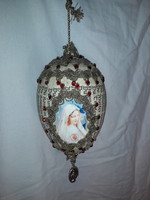 Antique old nun work convent work with Mary picture paper egg cozy Christmas tree decoration
