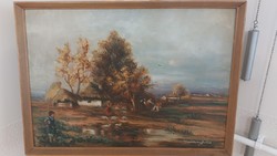 (K) beautiful signed painting of farm life with frame 73x53 cm