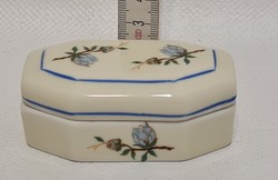 Hollóházi kék virágmintás, nyolcszögletű porcelán szelence (2785)