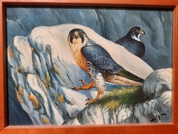 Czinege Zsolt: Lesben - solymok , eredeti jelzett, zsürizett olaj-fa (madár, sólyom)