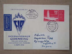 1956.NDK FDC légi: Nemzetk. Emléknap; Emlékmű Buchenwald (7 EUR+) + hátoldalán 2 sportbélyeggel