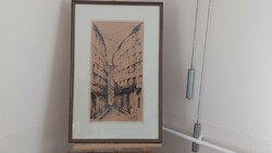 (K) Szép utcakép grafika Réti jelzéssel 55x84 cm kerettel