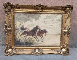 Signed by István Benyovszky, equestrian etching in blonde picture frame, 58x73 cm