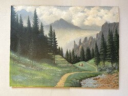 János Némethi mountain landscape antique oil canvas painting 80 x 60 cm