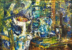 Vati József (1927 - 2017) Csendélet Gyümölcsöstállal c Képcsarnokos festménye Eredeti Garanciával!