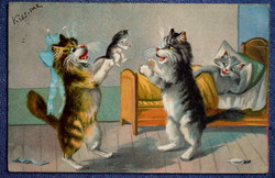 Antik humoros jelöletlen Boulanger grafikus képeslap cica család bővül