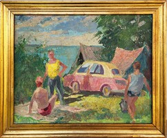 Számomra Ismeretlet festő ( lásd szignó) -Retró Balatoni Nyaralók 1950-60-as évekből!
