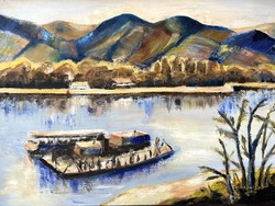 CSERHALMI ESZTER DUNAI TÁJKÉP OLAJ VÁSZON FESTMÉNY, BARNA FA KERETBEN 50 X 70 CM