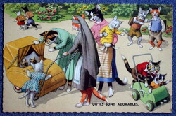 Old humorous graphic postcard with kittens in strollers, moms and nannies walking