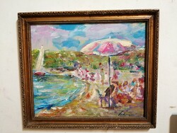 Beach life scene, oil painting, marked 